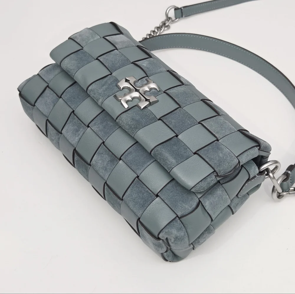 LIKE NEW TORY BURCH KIRA CHEVRON WOVEN SMALL CONVERTIBLE SHOULDER BAG - ARCTIC